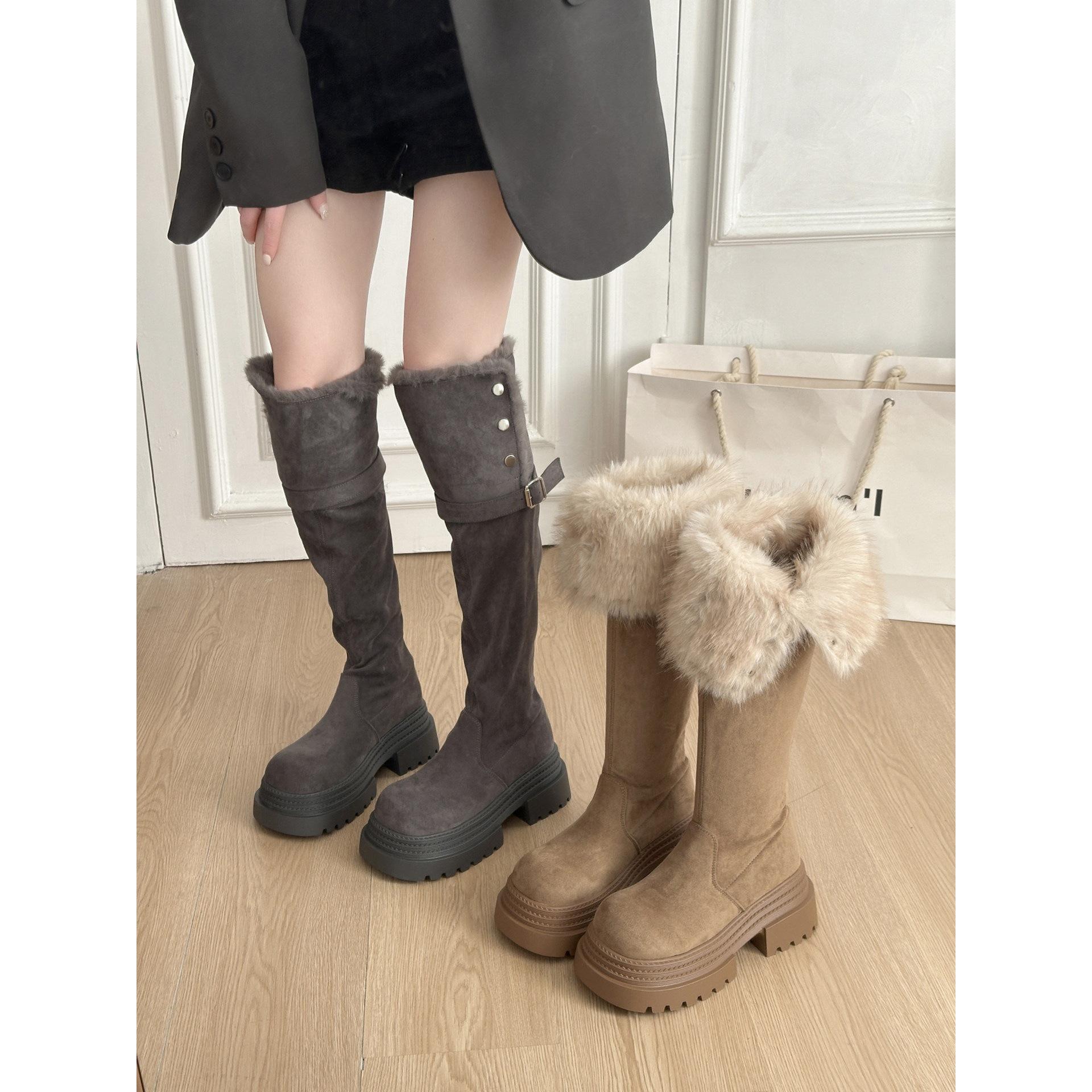 Height-increasing warm thick-soled long-tube snow boots, winter piled and thickened fluffy cotton boots. 40 хаки