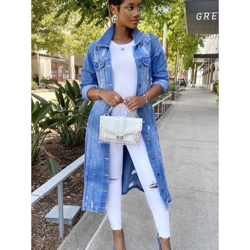 Жіночий осінньо-зимовий однотонний джинсовий тренч із довгими рваними ґудзиками