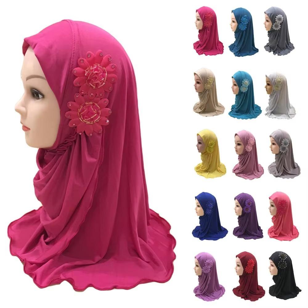 Elastic Children Hijabs Solid Flowers Head Islamic Scarf Shawls  2 To 7 Years Girls