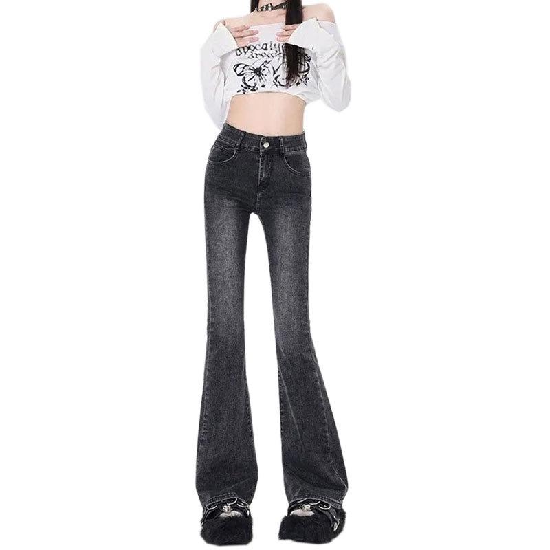 High Waist Black Gray Flare Jeans: Women's Slim Fit Korean Style, Stretchy, Floor-Length, Straight Leg, Horseshoe Design.