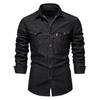 Men Denim Shirt Solid Color Multi Pockets Spring Summer Single Breasted Turn-down Collar Shirt for Office