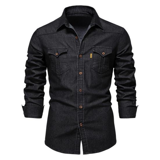 Men Denim Shirt Solid Color Multi Pockets Spring Summer Single Breasted Turn-down Collar Shirt for Office