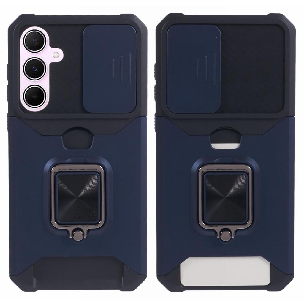 For Samsung Galaxy A55 5G Case PC+TPU Card Holder Phone Kickstand Cover with Slide Lens Lid