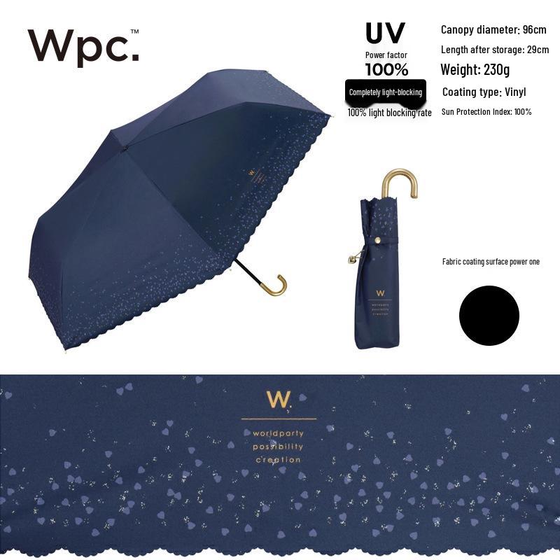 Оригинальный Ультралегкий WPC Зонт с Блестящими Сердечками, УФ Черный Клей, Трехскладной, Двойное Использование для Защиты от Солнца/Дождя.