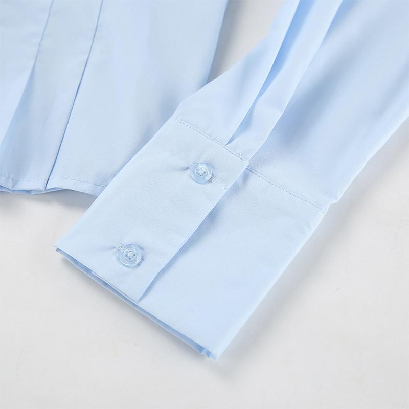 Plissert Slim Fit Topp Dame Bomullsskjorte Pendler Polokrage Langermet Ensfarvet Bluser Enkeltspent Kort Topp Elegant Kontordame Sommer