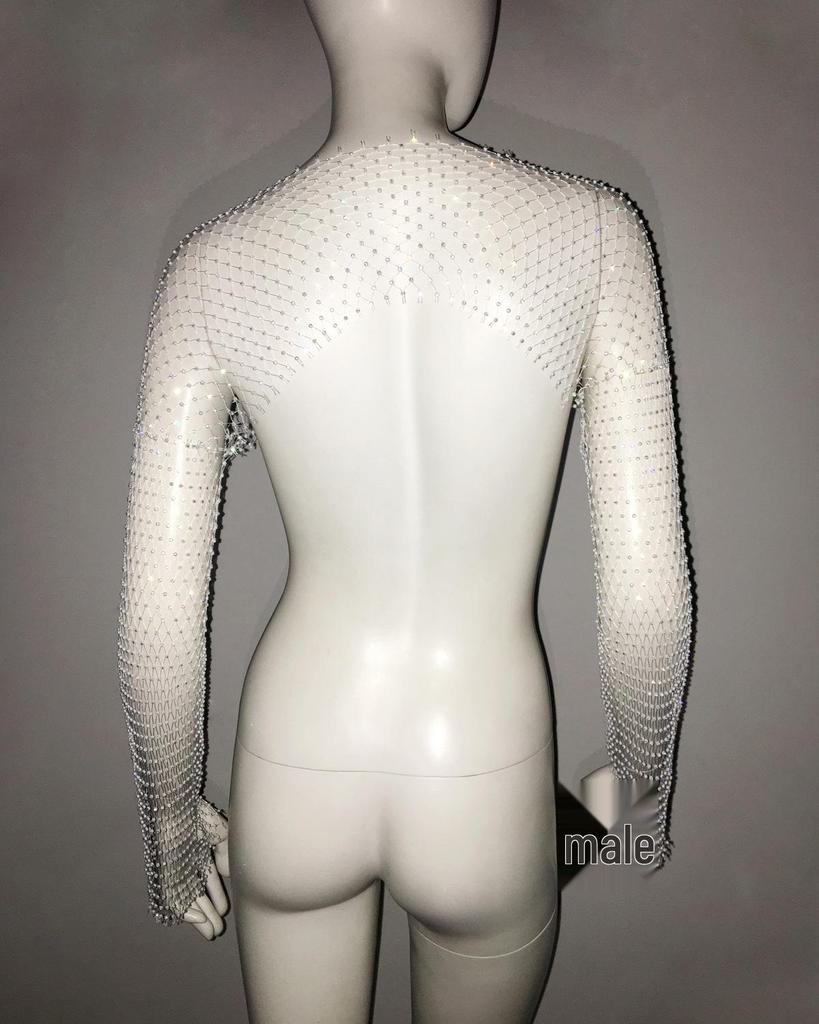 Europäisches & Amerikanisches High-End Mesh Strass Damen Langarmtop