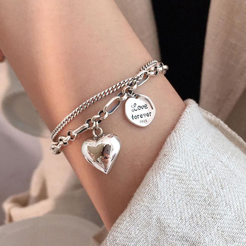 Korean Dongdaemun 925 Silver Heart Double-Layer Bracelet: Retro Multi-Layer Chain, Trendy Korean-Japanese Style