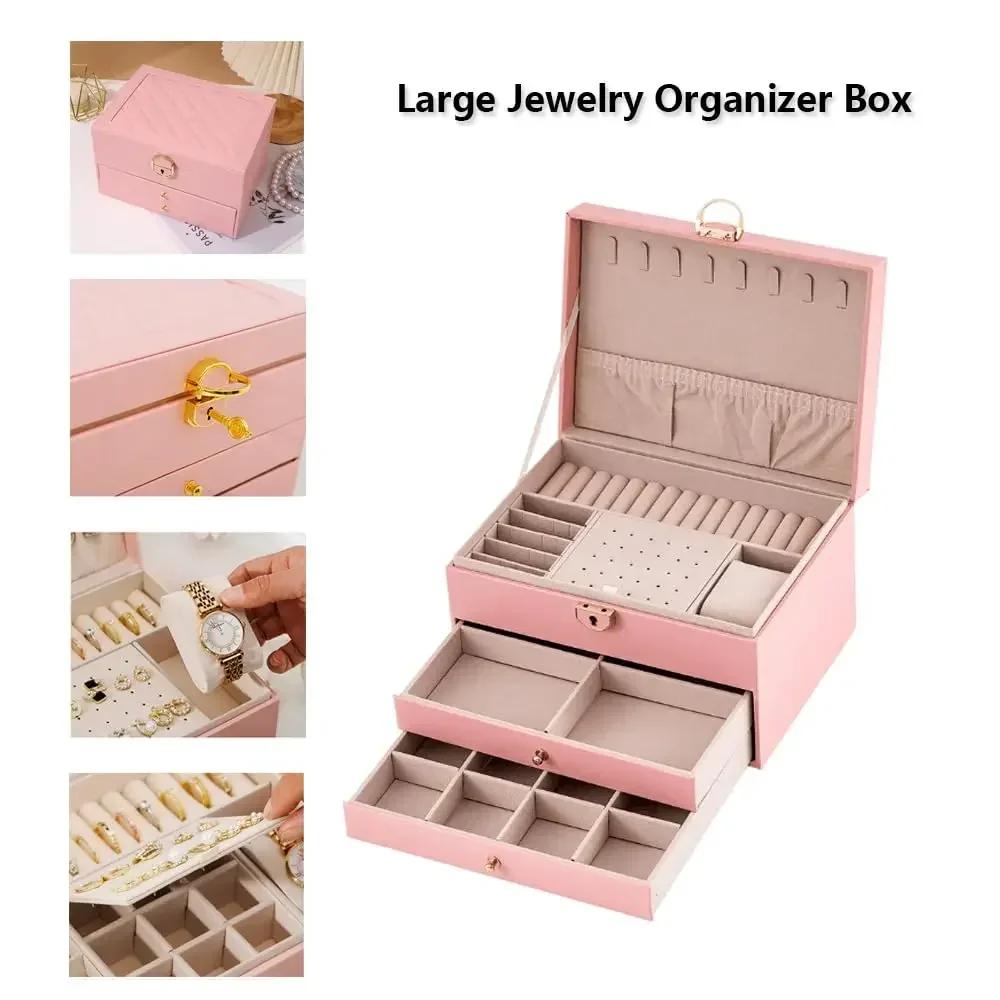 Three Drawer Handheld Jewellery Box Earring Ring Necklace Storage PU Leather Jewellery Display Box With Security Key Lock Amagi