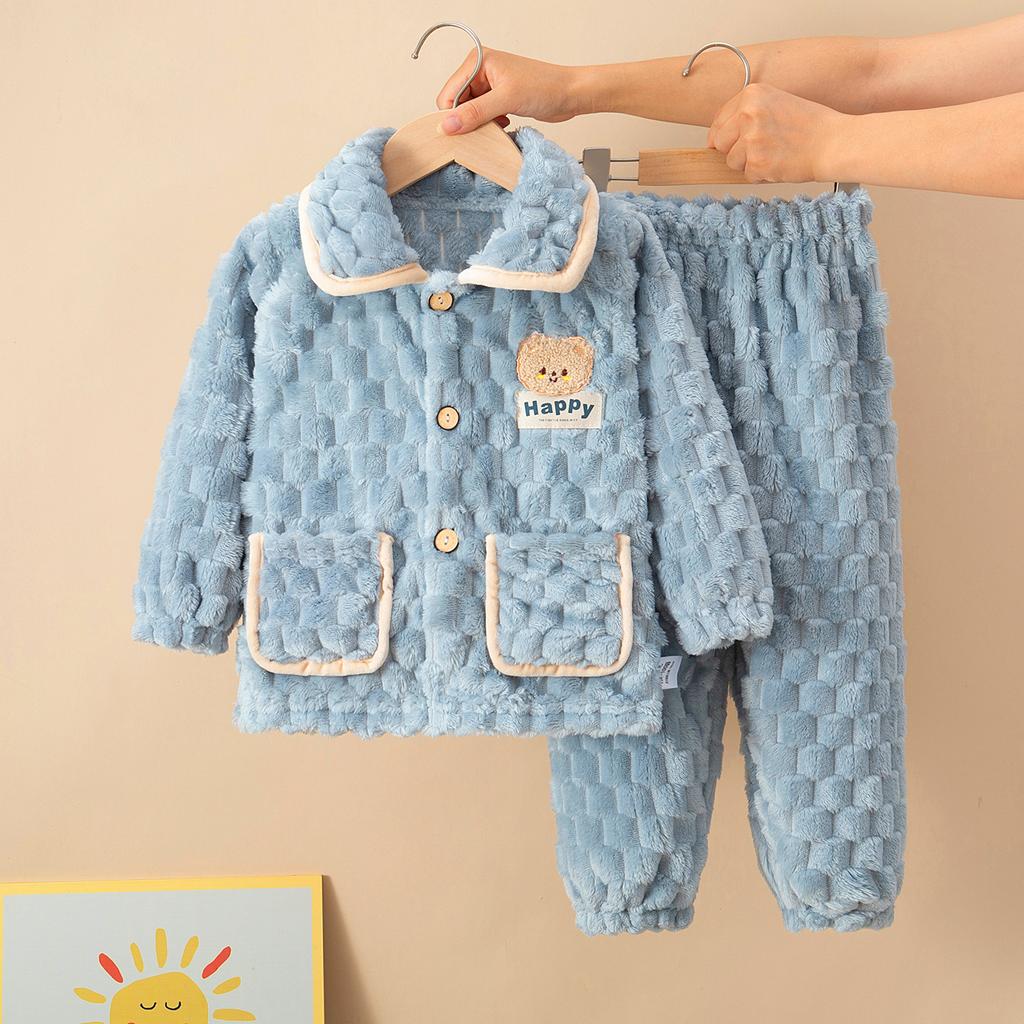 Dětské podzimní zimní měkké flanelové teplé pyžamové soupravy Dětský kabátek s kresleným medvídkem a kalhotami Pyžama pro chlapce a dívky Ležérní oblečení na spaní