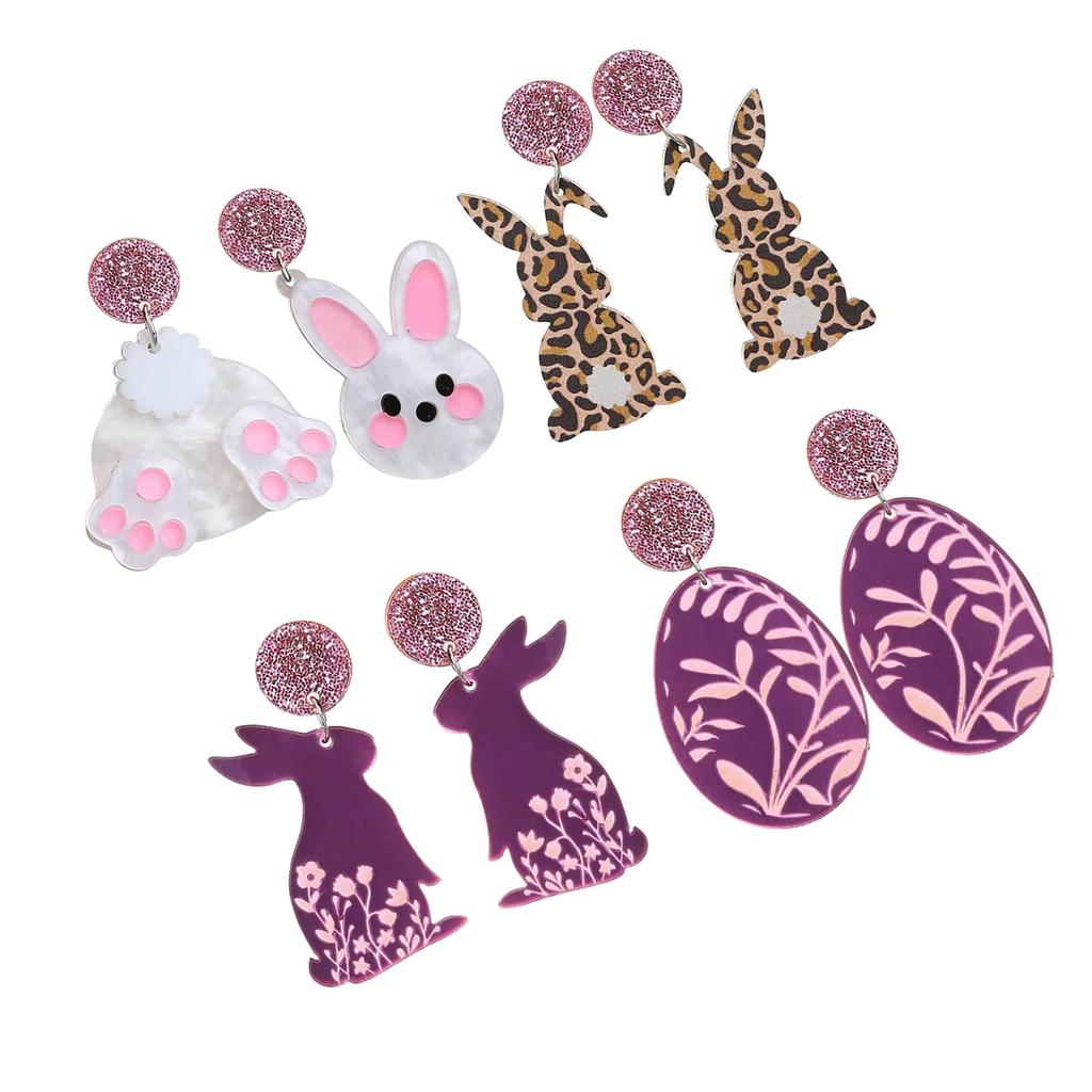 Pack of 4 Lightweight Acrylic Ear Rings Adjustable Length Earrings for Holiday Rabbit and Eggs Pendant Ear Drop Jewelry