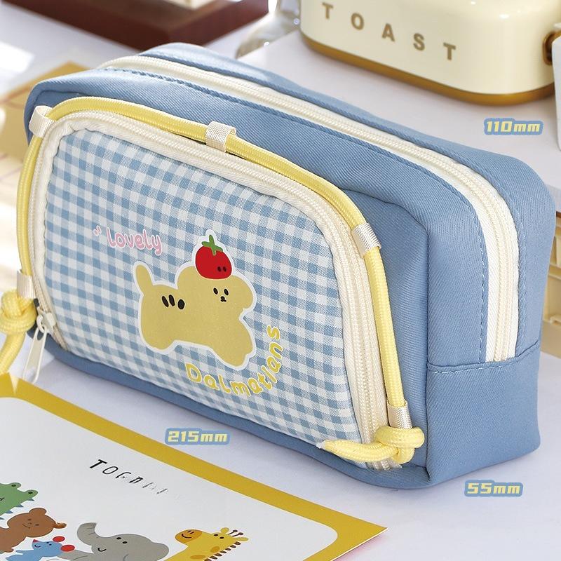 Cartoon Puppy Large-capacity Retro Plaid Windowed Pencil Bag Unisex Cute High-value Dirt-resistant Stationery Bag