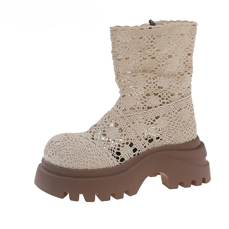 Fashion Autumn Platform Thick Bottom Woman Ankle Boot Fashion Hollow Out Breathable Shoes Ladies Elegant Lace Mordern Sandalias Booties