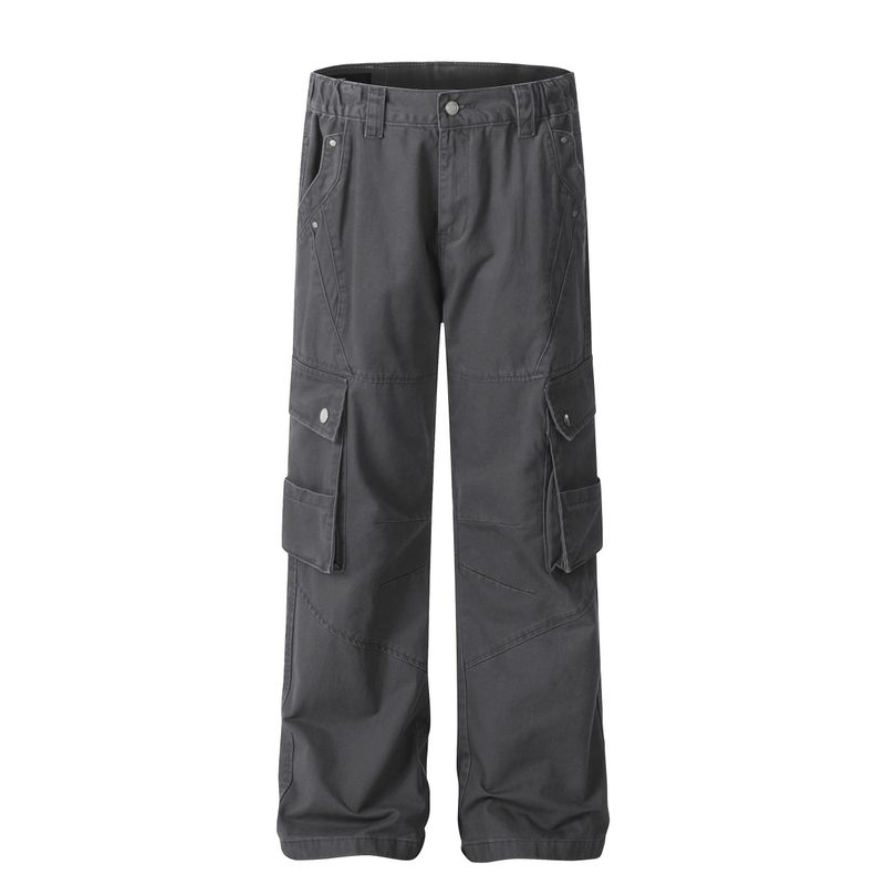 Blaexit American-Style Deconstructed Gray Flared Cargo Pants with Multi-Pocket Design, Straight-Leg Cleanfit Pants, Trendy