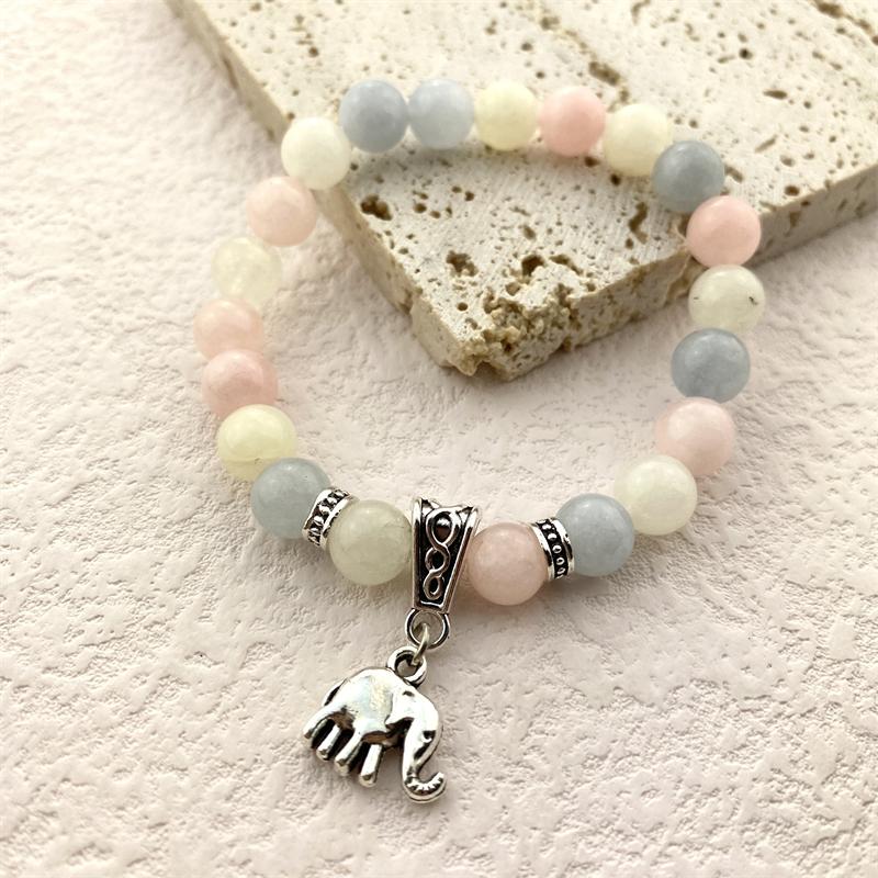Bracciale Elastico Con Ciondolo Elefante In Pietra Naturale Quarzo Rosa - Gioiello Yoga E Meditazione Per Donna - Regalo Benessere, Lunghezza 19 Cm