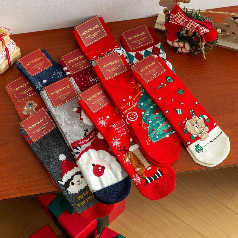 Female Cartoon Reindeer Santa Claus Mid-calf Stockings for Both Men and Women, Straight Long Stockings