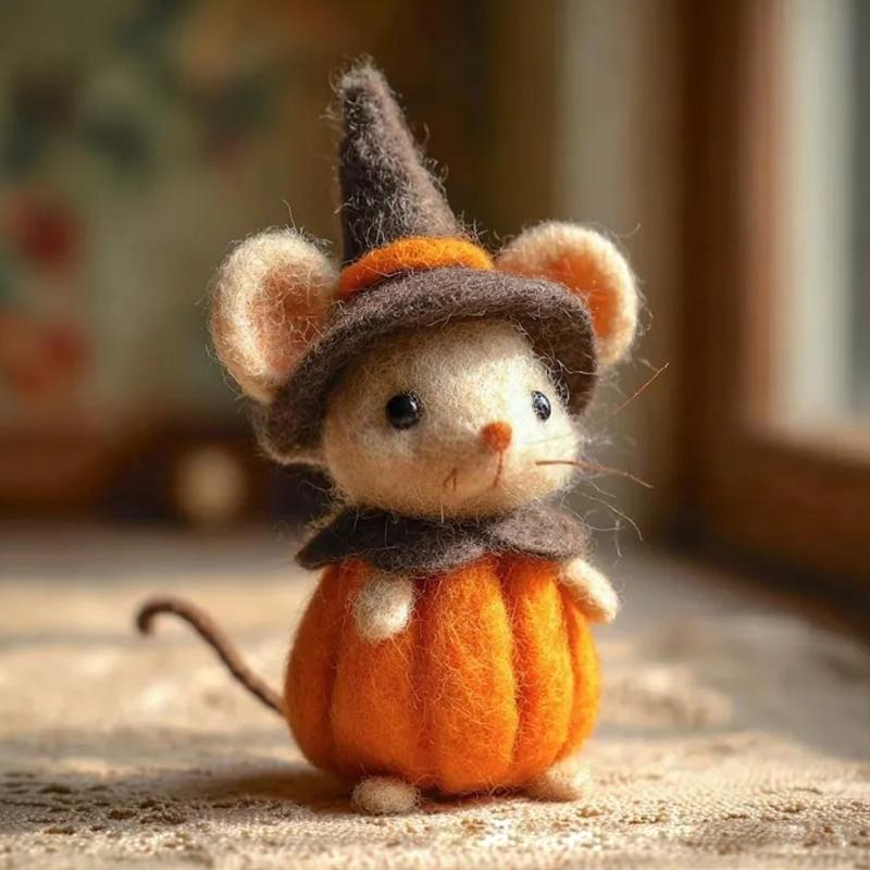 Festives Felt Pumpkin Mouse with Witch Hat Ornament For Halloween Party Home Office Desk Decors Handmade Craft Gift