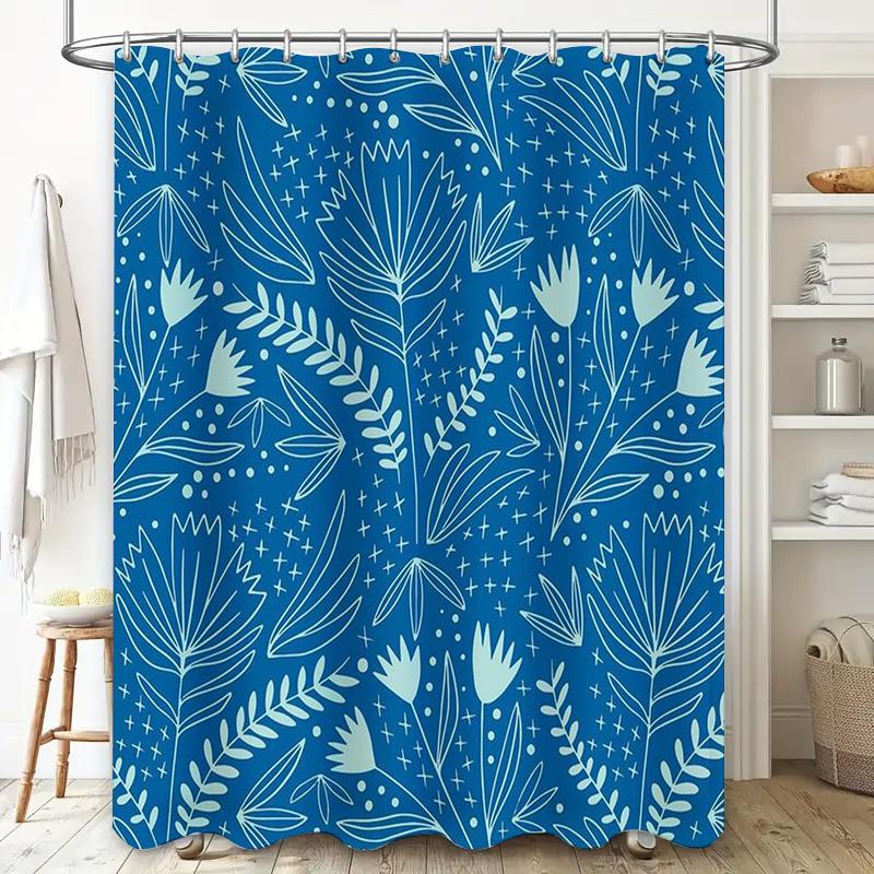 Modern Botanical Print Shower Curtain Blue Floral Pattern Bath Decor White Plush Waterproof Fabric Set of 1 (72x84)