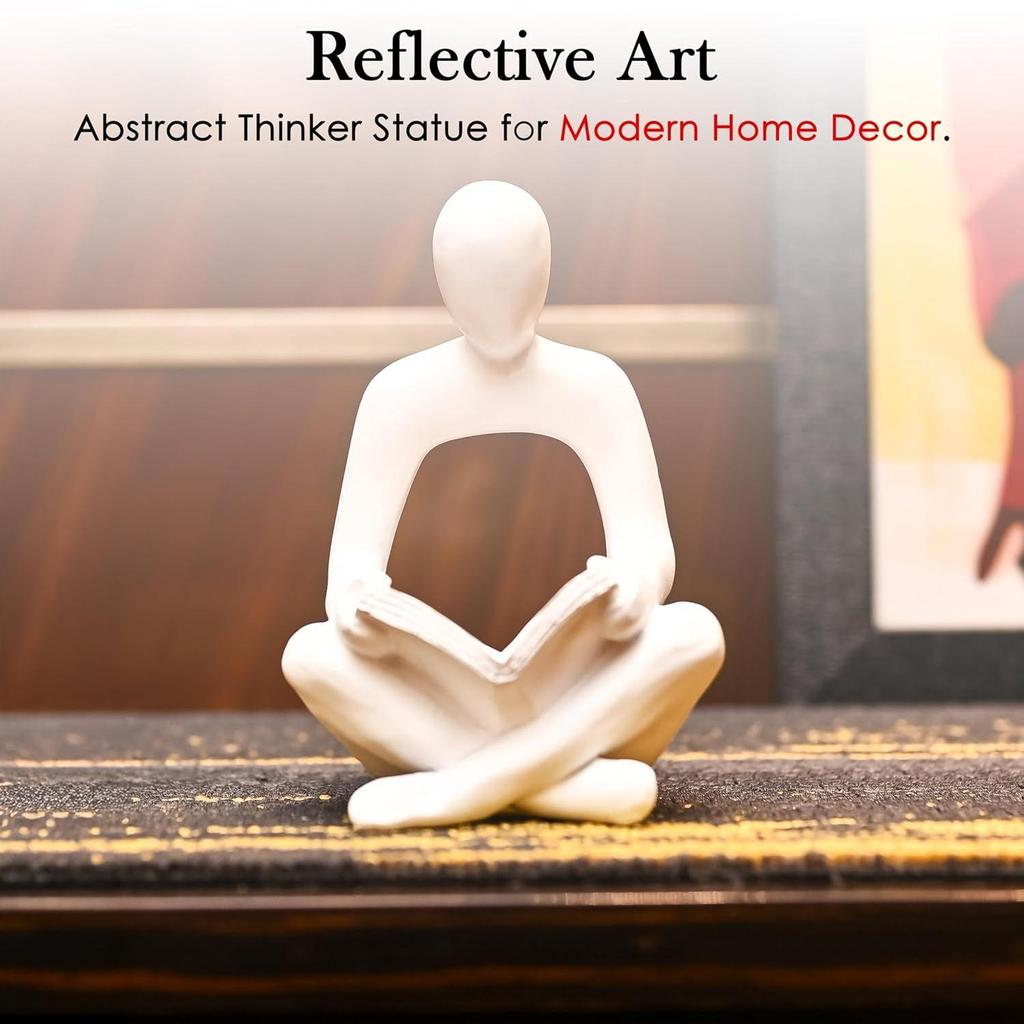 White Abstract Thinker Statue with Book – Modern Resin Figurine for Home & Office Décor | Small Intellectual Accent Piece Holding Book