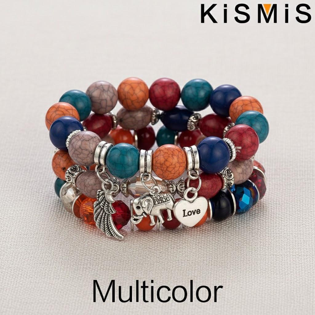 3Pcs Layered Boho Bracelets Set Stackable Stretch Bead Bracelet with Elephant Heart Charm for Women Fashion Jewelry