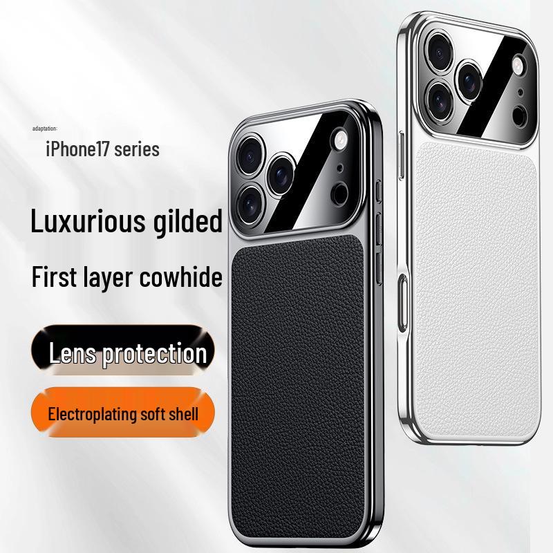 Luxury Electroplated Cowhide Protective Case for iPhone 17 Pro Max - Unisex, Soft Shell
