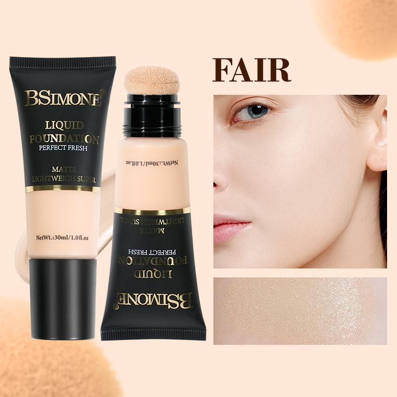 Bsimone Coverage Foundation Long-Lasting Oil Control Waterproof Liquid Foundation Matte Finish Concealer With Sponge Brush Head
