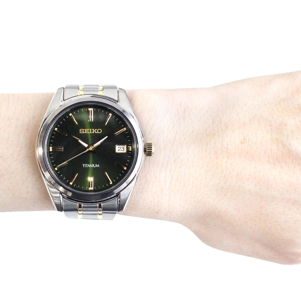 SEIKO SUR377P1 SUR377P Essentials Collection Classic Date Titanium Green Gold Silver Wrist Watch For Men