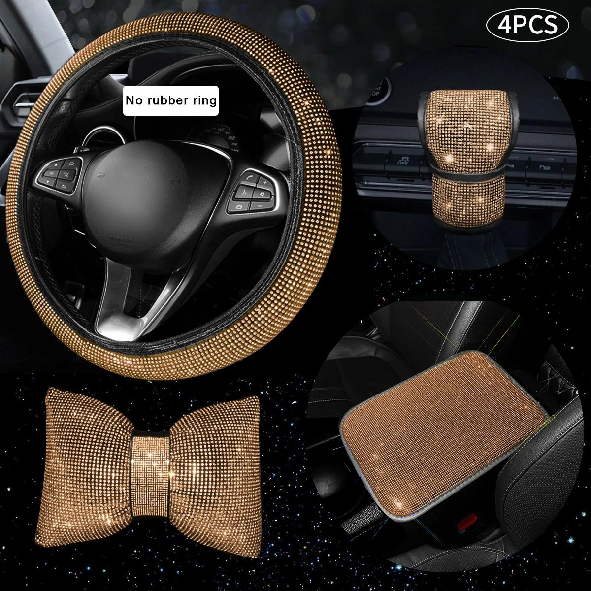 

4 шт., чехол на руль автомобиля с бриллиантовым кристаллом, бант, подголовник, подлокотник, накладка на рычаг переключения передач, декоративный комплект автомобильных аксессуаров шампанского