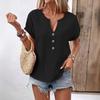 2025 Sommer V-hals Kortarmet Dame T-skjorte Knapper Pluss Størrelse Mote Casual Kontor Enkel Bluse Ensfarget Løs Topp Dameklær