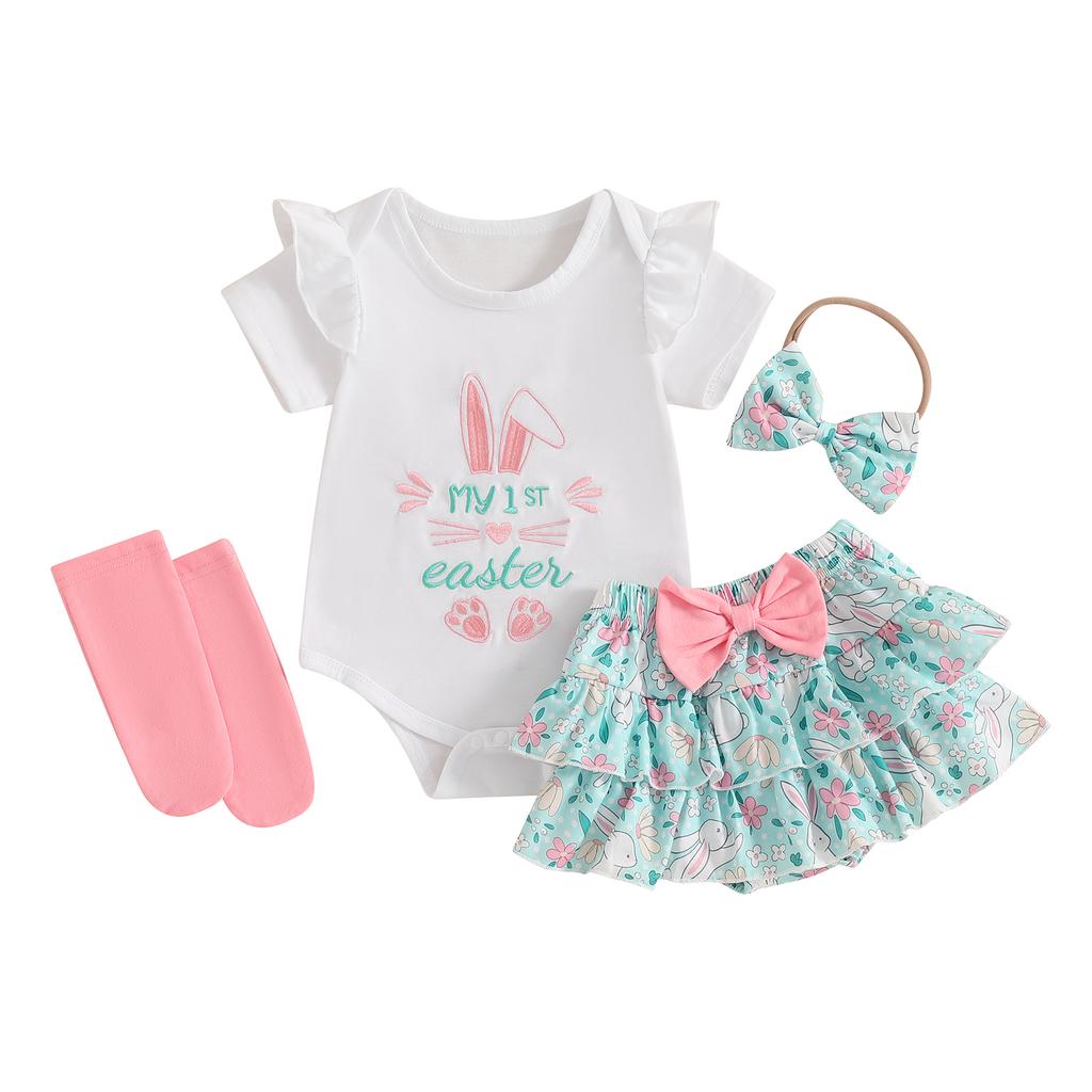 Baby Girls Easter Outfits Letter Embroidery Flying Sleeve Romper + Bunny Print Skirt + Bow Headband + Socks