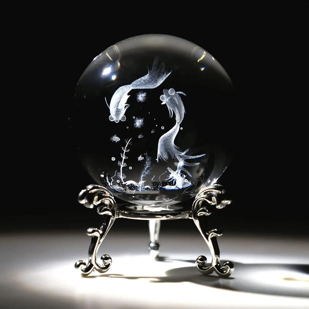 60mm 3D Crystal Ball Laser Engraved Glass Ornaments Animal Figurine Collectibles Paperweight Home Art Decor with Stand