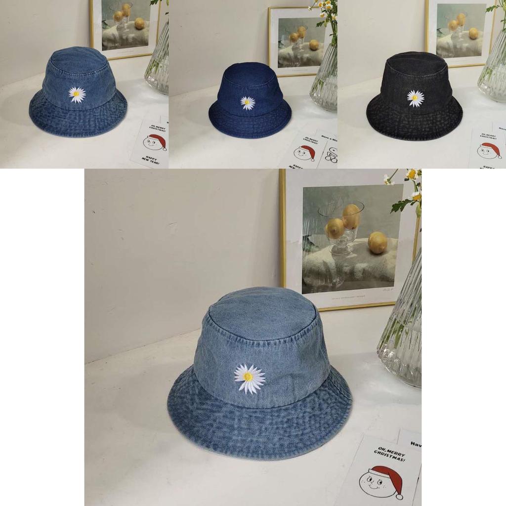 Fashionable Daisy Fisherman Cap Women's Summer Sun Hat Japanese Style Wide Brim Denim Bucket Hat Men's Sun Protection Cap