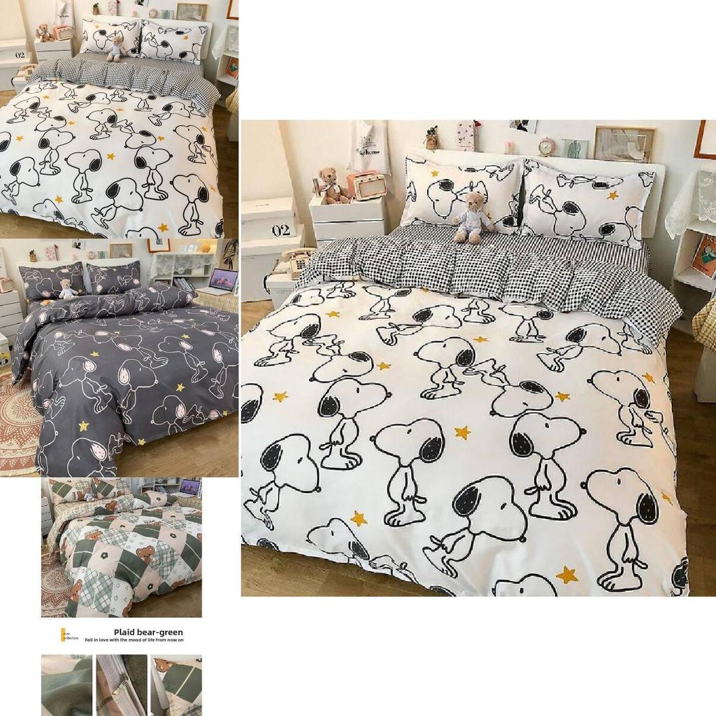 Snoopy Water Wash Cotton Bedding Set With Printed Floral Design For Student Dorms