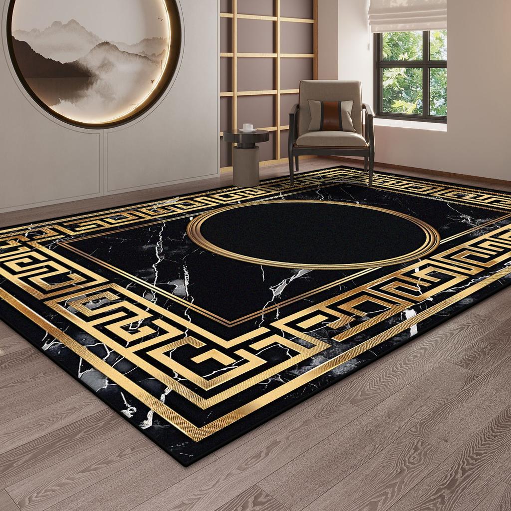 Luxury Black Gaming Room Decoration Carpet Marble Style Golden Border Living Room Rug Soft Non-slip Mat for Kids Easy Cleaning