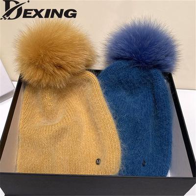 2022 Winter Echt Fox Pelz Pom Pom Gestrickte Beanie Für Frauen Mode Mädchen Bommel Hut Mützen Weibliche Angol Weiche Warme ski Hüte