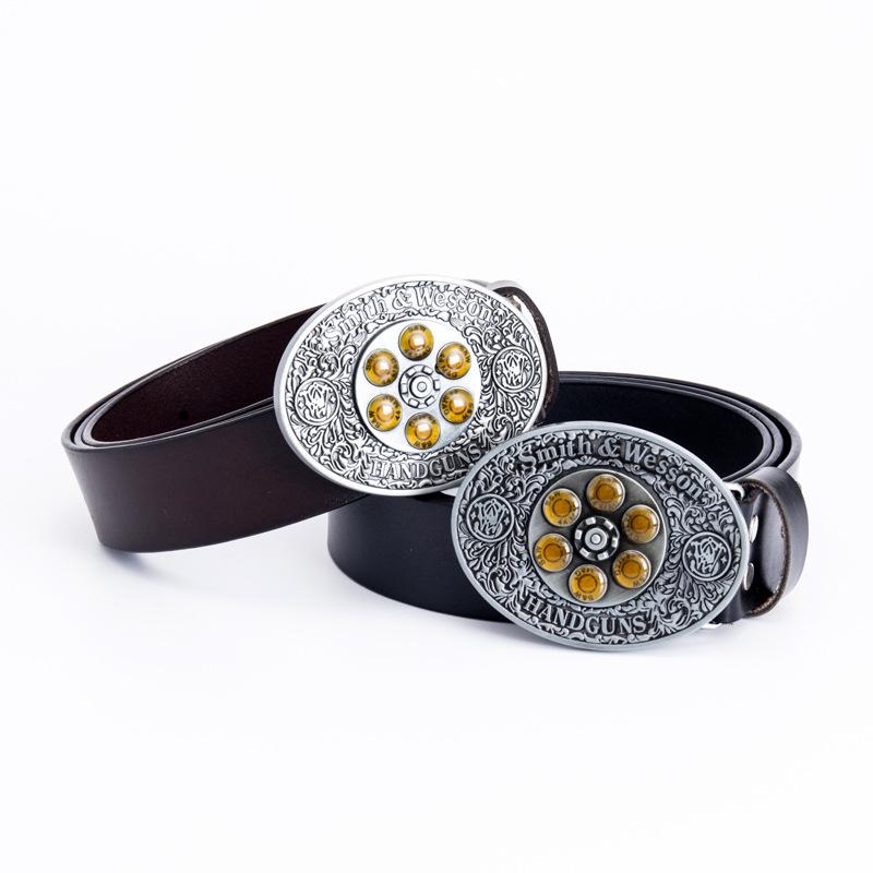 Black Cowhide Leather Belt with Bullet Pattern and Rotatable Buckle for Autumn/Winter