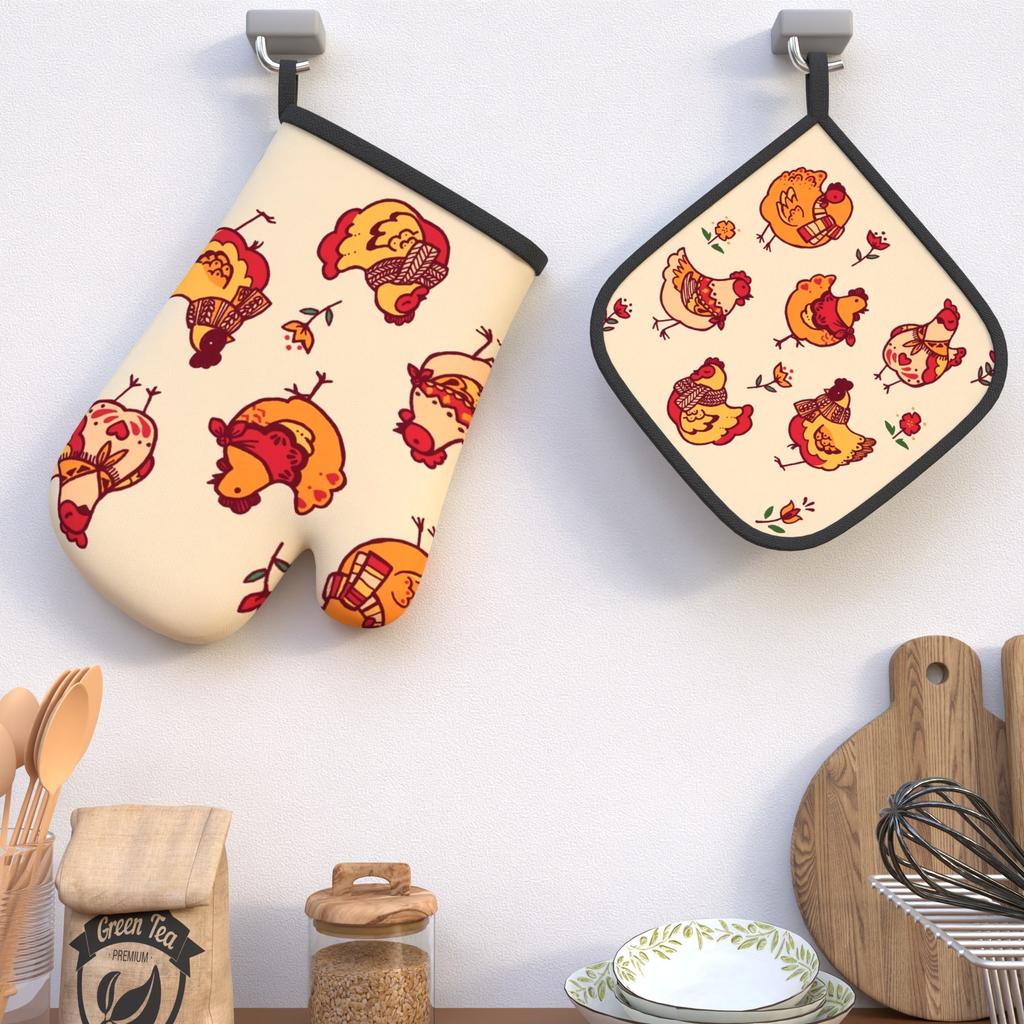 2pcs Oven Mitts And Pot Holders Chicken Flower Heat Resistant Oven Mitts And Pot Holders Sets Suitable for Grilling Cooking