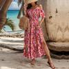 Sommer Kvinner Holiday Style One Shoulder Printed Long Dress Floral Ruffled