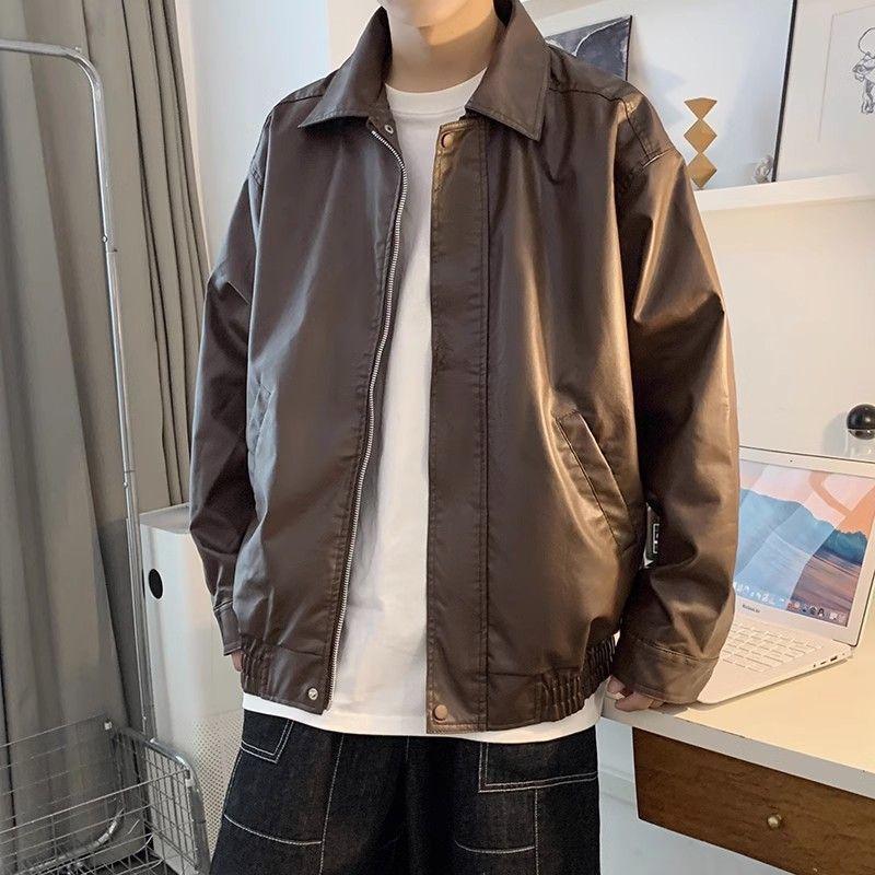 

Куртка из искусственной кожи мужская весна и осень новый свободный коричневый мотоциклетный костюм модная и красивая кожаная куртка 3XL