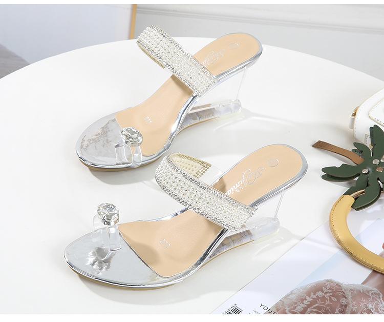 2023 Pearl Slope Heel New Sexy Crystal Transparent High Heels Glass Rhinestone Slope Heel Sandals Female LFD
