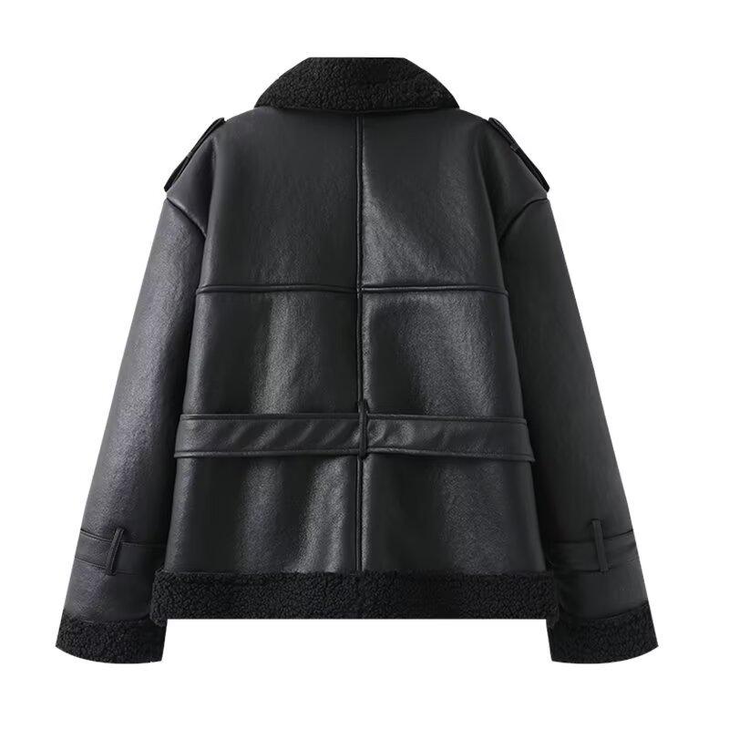 2024 Women's Fashion Shearling Coat: Versatile Solid Color, Square Neck, Belted Design for Winter