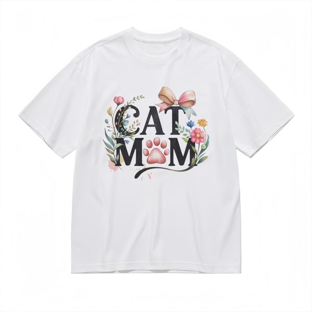 

Kitty Mom T-Shirt With Floral Accents Playful Paw Print Design Black Cotton Tee S