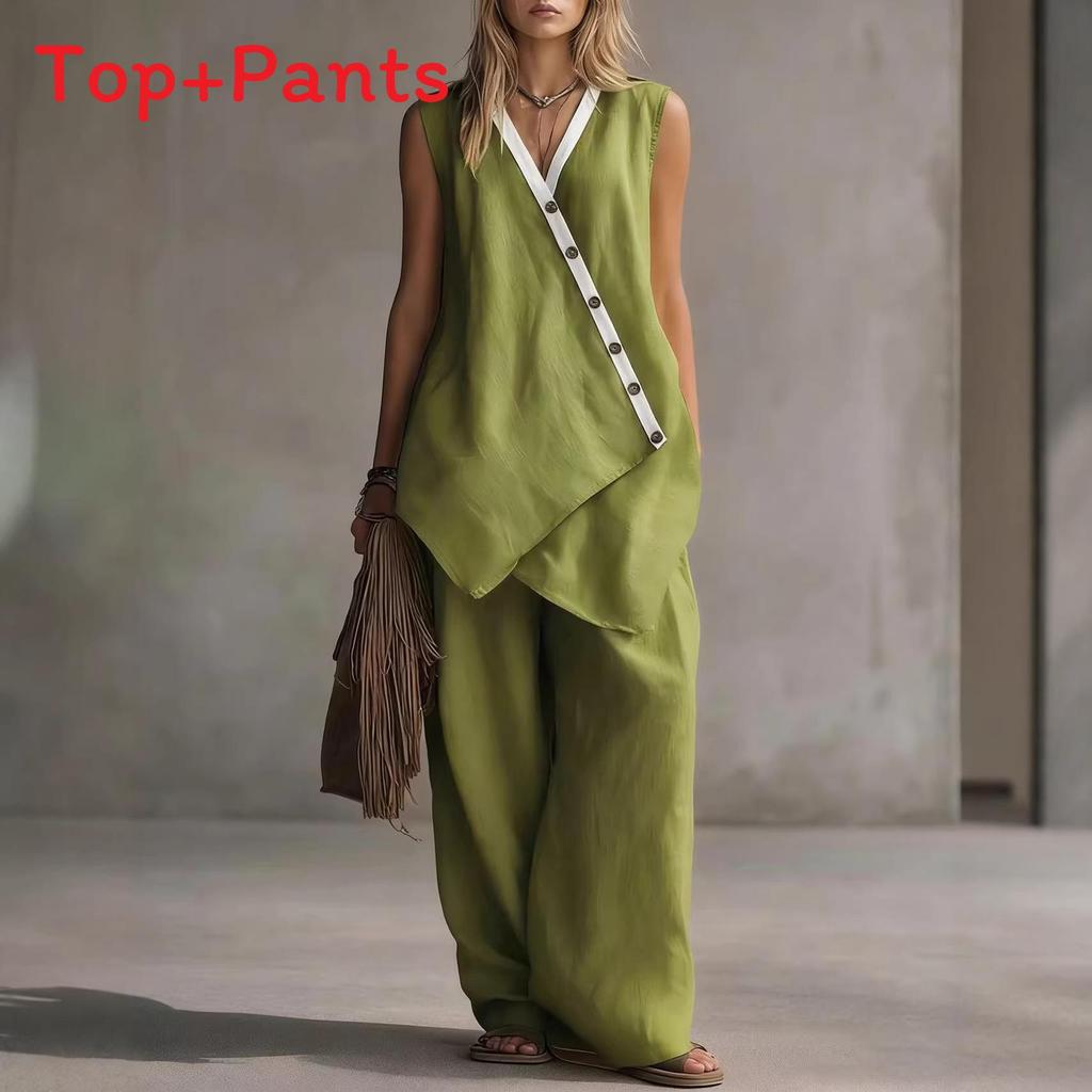 Bohemian Style Sleeveless Cotton Vest And Wideleg Pants Casual Set For Women Spring Summer