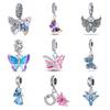 Pan Style Iridescent Blue Pink Butterfly Pendant Bead, Copper Silver-Plated, Europe and America Popular Design