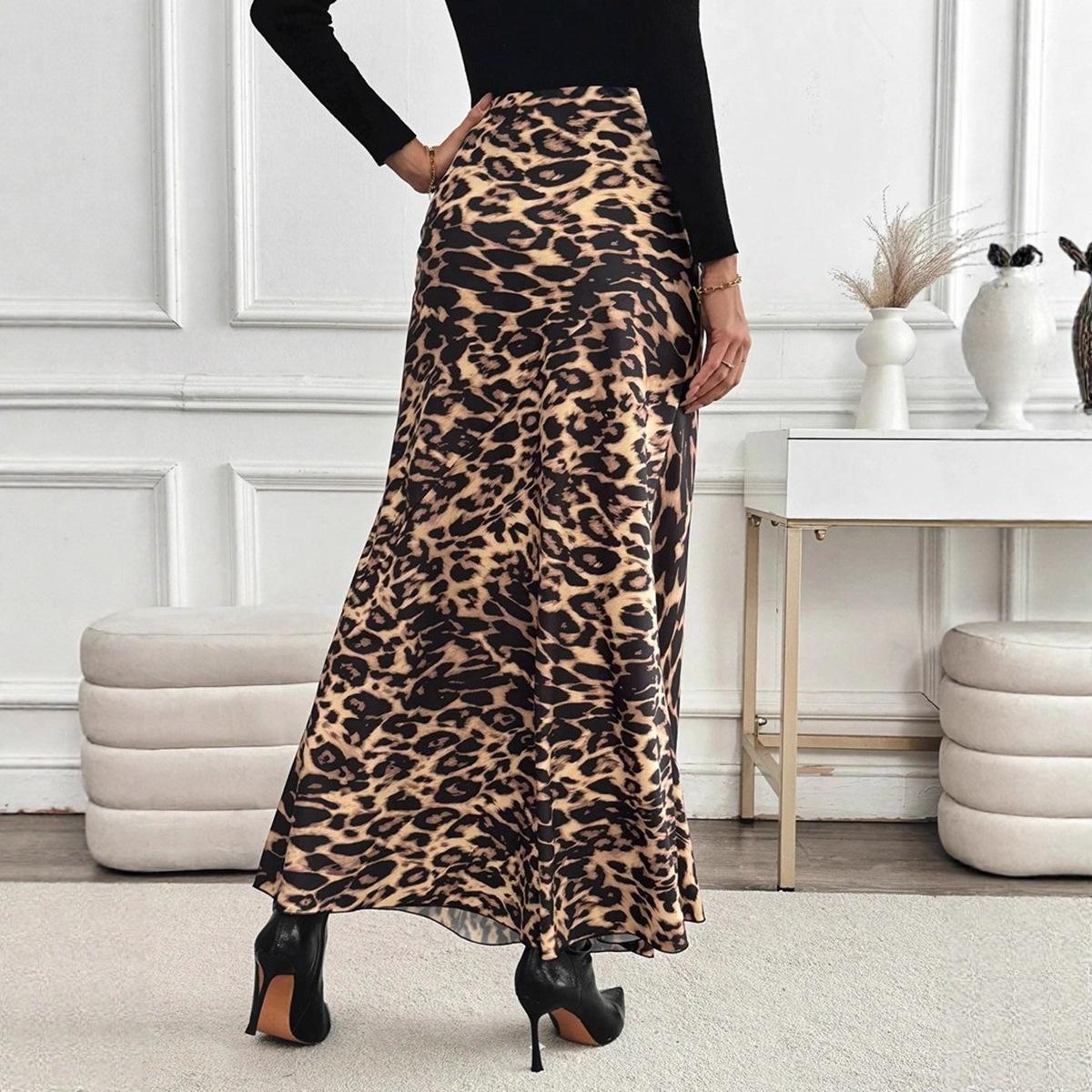

Women Leopard Print Satin High Waist A Line Maxi Skirt S абрикосовий