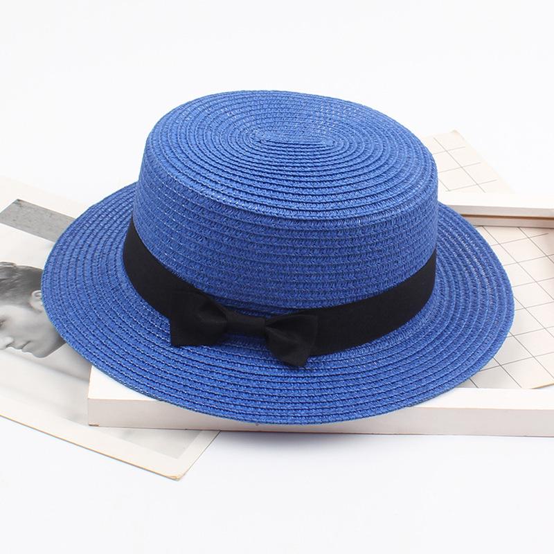 Korean Straw Hat - Retro Bow Flat Top Fedora for Spring & Summer Beach Days