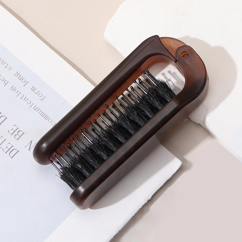 Portable Foldable Boar Bristle Brush - Double Sided for Straight and Curly Hair, Compact