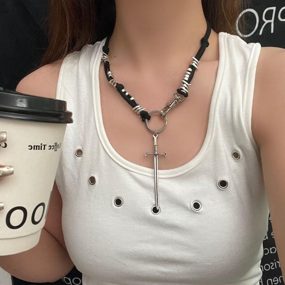 Punk Hip-hop Sliver Color Redemption Thorn Holy Sword Pendant Black Rope Chain Necklace for Women Hot Girl Personality Jewelry