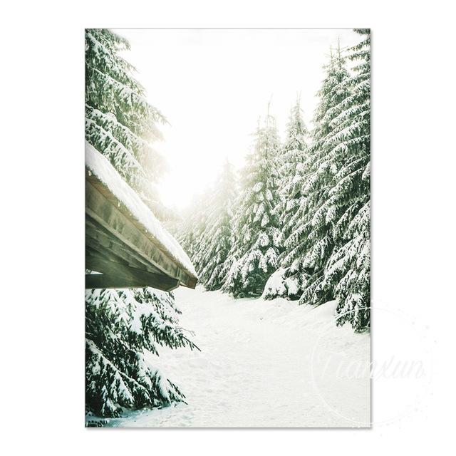 Pădure de iarnă Casă de zăpadă Cerb Sanie Artă de perete Pictură pe pânză Postere și imprimeuri nordice Poze de perete pentru decor camera de zi fără cadru