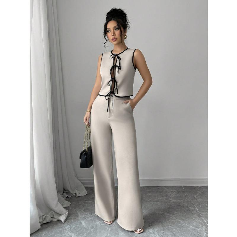 

Женский жилет-галстук, сексуальный топ без рукавов, брюки с высокой посадкой и широкими штанинами XL хаки