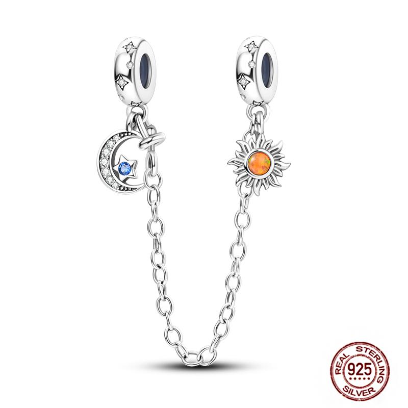 Star Moon Slide Safety Chains Charms 925 Sterling copper Heart Evil eyes Silicone Spacer Beads Fit Original Bracelet DIY Zircon